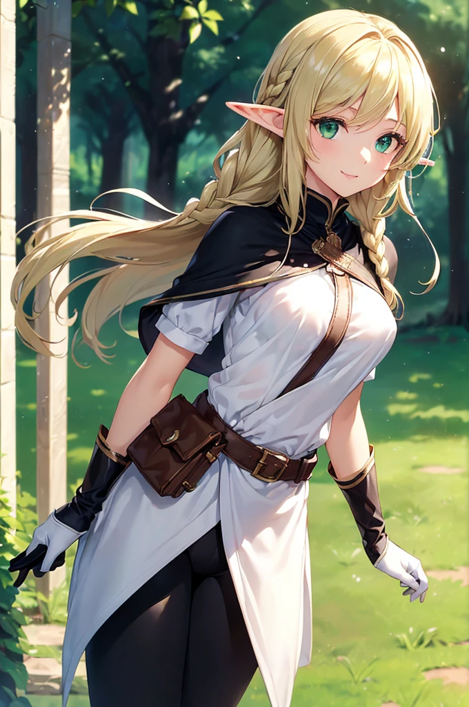(((masterpiece; best quality: 1.2))), (finely detailed eyes: 1.3), (25 year old elf woman), (solo), (green eyes: 1.4), (body; buxom, fit, femenine: 1.3), (silky blonde hair in braid: 1.3), (beautiful and clear background: 1.2), ((depth of field)), (equipment: adventurer attire + modest + long white tunic + black cape + black pants + gloves + belt + pouches: 1.3), (anime illustration: 1.2), (background composition; royal garden: 1.1), (extremely fine and beautiful: 1.1), (shot composition; standing + centered on torso + close-up: 1.5), (expression; calm, smile: 1.2)