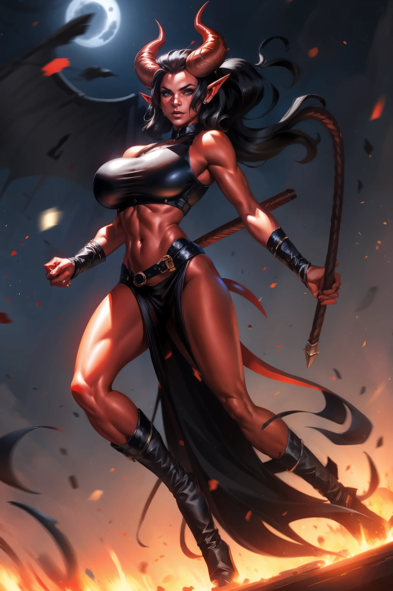 Red skin succubus tiefling, medium breasts, black horns, wings, huge tail, black leather, crop top, long flowing pelvic curtain, tall, athletic, graceful, thin, long black ponytail. Action scene, whip. Dark scene, explosions, night sky.