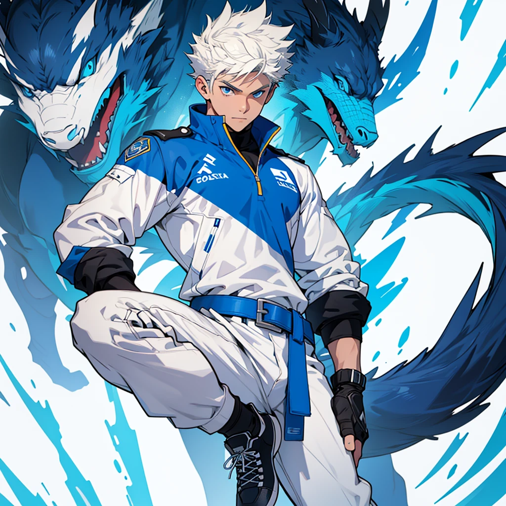 (4K quality) (artwork) quadra de volei, male teenage character, blue colored eyes, white uniform with black and blue details, white gater belt, putting on shoes