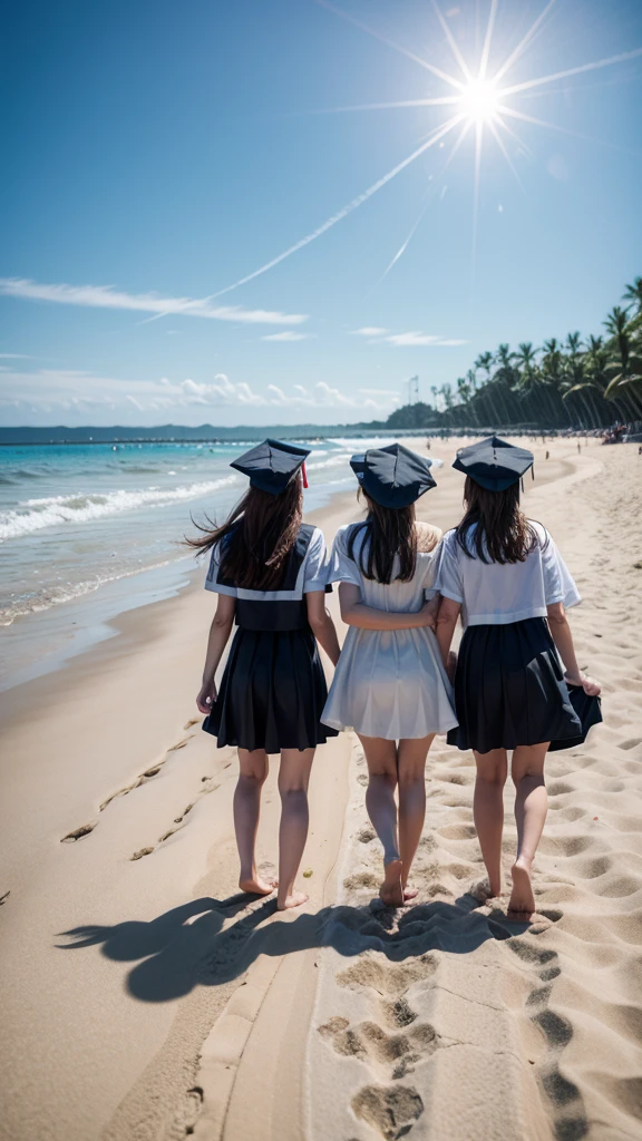 Image of graduates throwing away their hats and not seeing their faces, young people , in the sand of a beach as a background