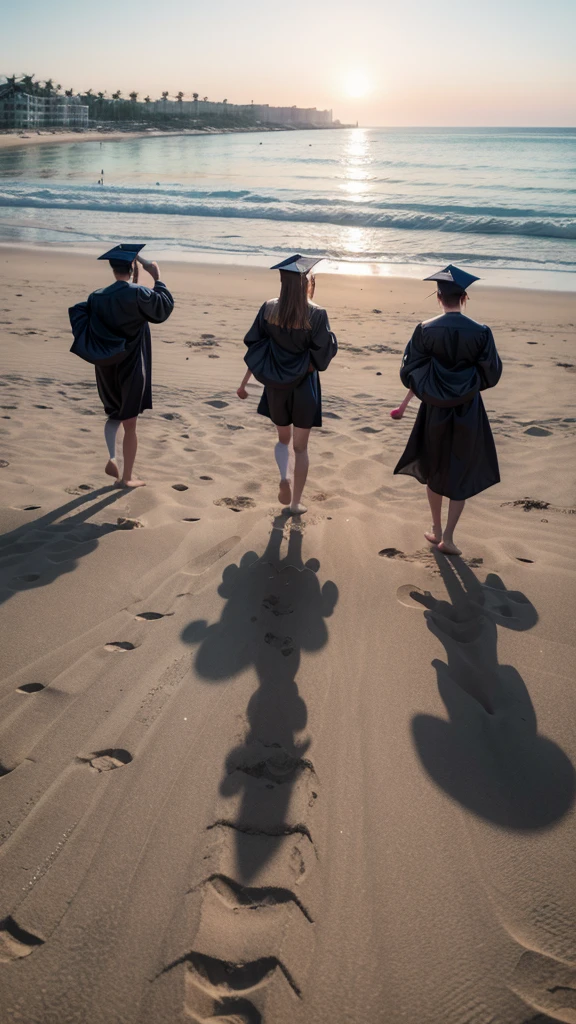 Image of graduates throwing away their hats and not seeing their faces, young people , in the sand of a beach as a background
