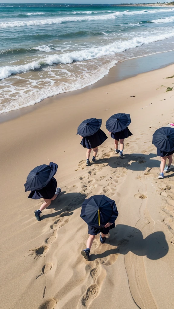 Image of graduates throwing away their hats and not seeing their faces, young people , in the sand of a beach as a background