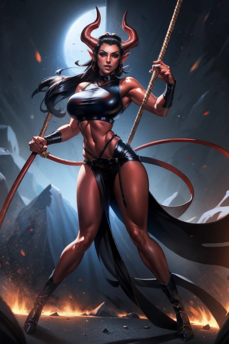 Red skin succubus tiefling, medium breasts, black horns, wings, huge tail, black leather, crop top, long flowing pelvic curtain, tall, athletic, graceful, thin, long black ponytail. Action scene, whip. Dark scene, explosions, night sky.