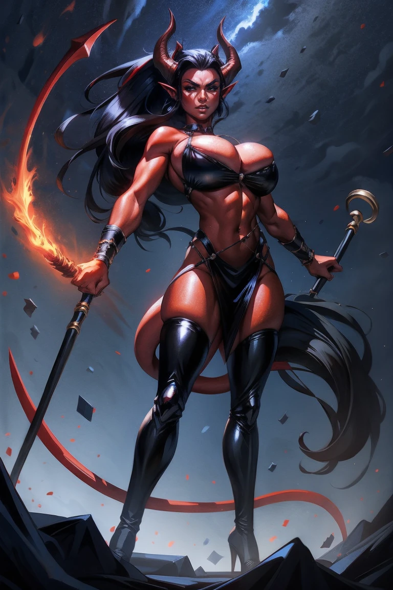 Red skin succubus tiefling, medium breasts, black horns, wings, huge tail, black leather, crop top, long flowing pelvic curtain, tall, athletic, graceful, thin, long black ponytail. Action scene, whip. Dark scene, explosions, night sky.