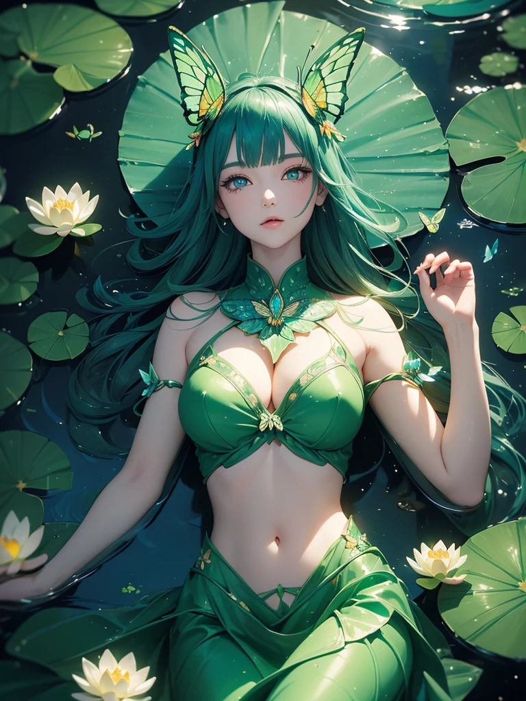 (Green dress), (Lotus pond), (Water lily pad), (Lotus: 1.3), (Butterfly: 1.4), (Paper fan), (Floating leaves), (Wind), (Sleeping), (Transparent water: 1.1), (Moonlight: 1.3, perfectly matching the surrounding scenery. On a beautiful night, the moonlight shines on the water surface, creating a cam atmosphere. From above, viewers can see the water lilies and lotus flowers around her, and there is a mysterious light underwater that illuminates the elegant swimming fish around her. Many blue butterflies dance around the girl, and the green theme dominates the entire scene. The jade and its color scheme highlight the natural beauty of the pond. The murmuring water and moonlight add a peaceful mood, making it a perfect place for relaxation and reflection. Yellow eyes, She have big breast. Detailed eyes. Great eyes.