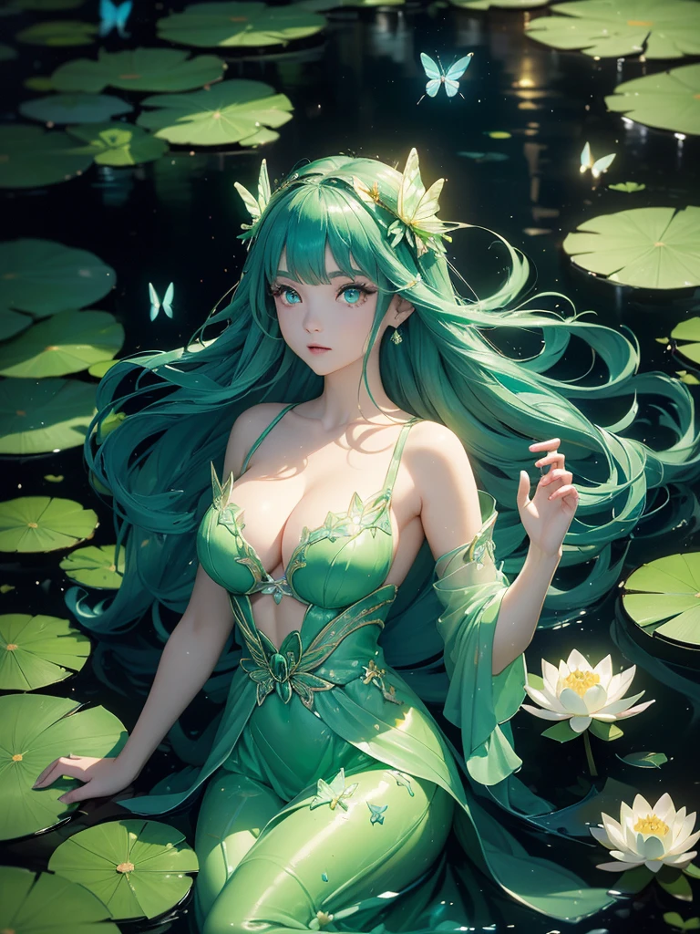 (Green dress), (Lotus pond), (Water lily pad), (Lotus: 1.3), (Butterfly: 1.4), (Paper fan), (Floating leaves), (Wind), (Sleeping), (Transparent water: 1.1), (Moonlight: 1.3, perfectly matching the surrounding scenery. On a beautiful night, the moonlight shines on the water surface, creating a cam atmosphere. From above, viewers can see the water lilies and lotus flowers around her, and there is a mysterious light underwater that illuminates the elegant swimming fish around her. Many blue butterflies dance around the girl, and the green theme dominates the entire scene. The jade and its color scheme highlight the natural beauty of the pond. The murmuring water and moonlight add a peaceful mood, making it a perfect place for relaxation and reflection. Yellow eyes, She have big breast. Detailed eyes. Great eyes.