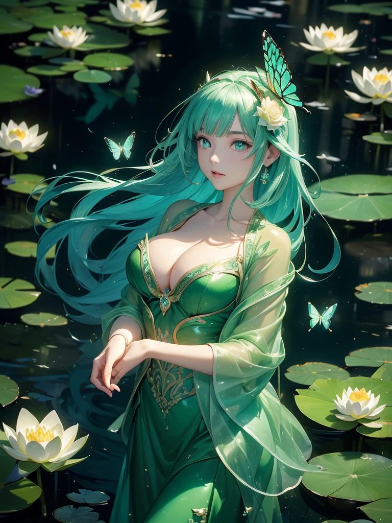 (Green dress), (Lotus pond), (Water lily pad), (Lotus: 1.3), (Butterfly: 1.4), (Paper fan), (Floating leaves), (Wind), (Sleeping), (Transparent water: 1.1), (Moonlight: 1.3, perfectly matching the surrounding scenery. On a beautiful night, the moonlight shines on the water surface, creating a cam atmosphere. From above, viewers can see the water lilies and lotus flowers around her, and there is a mysterious light underwater that illuminates the elegant swimming fish around her. Many blue butterflies dance around the girl, and the green theme dominates the entire scene. The jade and its color scheme highlight the natural beauty of the pond. The murmuring water and moonlight add a peaceful mood, making it a perfect place for relaxation and reflection. Yellow eyes, She have big breast. Detailed eyes. Great eyes.