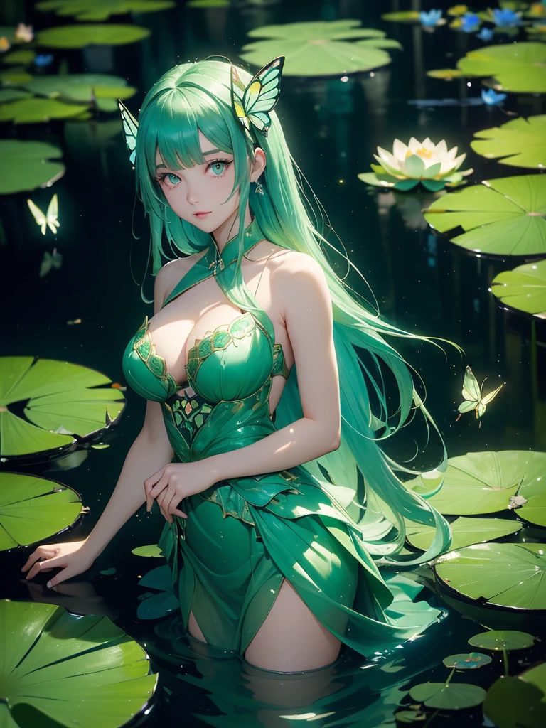 (Green dress), (Lotus pond), (Water lily pad), (Lotus: 1.3), (Butterfly: 1.4), (Paper fan), (Floating leaves), (Wind), (Sleeping), (Transparent water: 1.1), (Moonlight: 1.3, perfectly matching the surrounding scenery. On a beautiful night, the moonlight shines on the water surface, creating a cam atmosphere. From above, viewers can see the water lilies and lotus flowers around her, and there is a mysterious light underwater that illuminates the elegant swimming fish around her. Many blue butterflies dance around the girl, and the green theme dominates the entire scene. The jade and its color scheme highlight the natural beauty of the pond. The murmuring water and moonlight add a peaceful mood, making it a perfect place for relaxation and reflection. Yellow eyes, She have big breast. Detailed eyes. Great eyes.