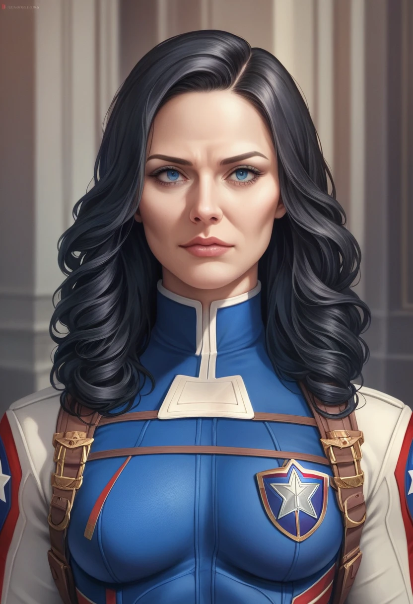 ((Best quality)) , ((Masterpiece)) , (Detailed) ,( Captain America Lady) , 3d realistic, perfect body shape, big , black hair, beautiful face, focus on face details, wearing captain America uniform, logo of hydra in the background