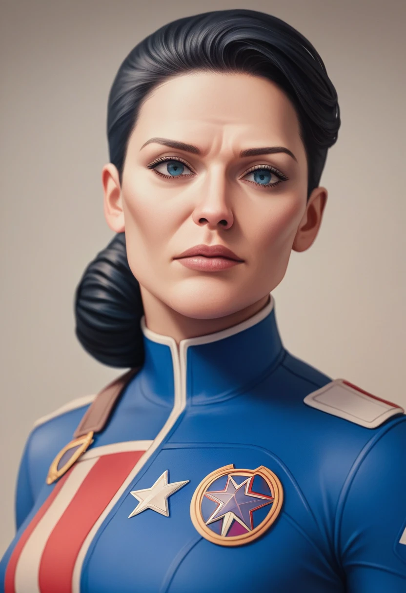 ((Best quality)) , ((Masterpiece)) , (Detailed) ,( Captain America Lady) , 3d realistic, perfect body shape, big , black hair, beautiful face, focus on face details, wearing captain America uniform, logo of hydra in the background