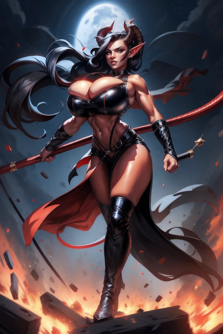 Red skin succubus tiefling, medium breasts, black horns, wings, huge tail, black leather, crop top, (cleavage), long flowing pelvic curtain, tall, athletic, graceful, thin, long black ponytail. Action scene, whip. Dark scene, explosions, night sky.