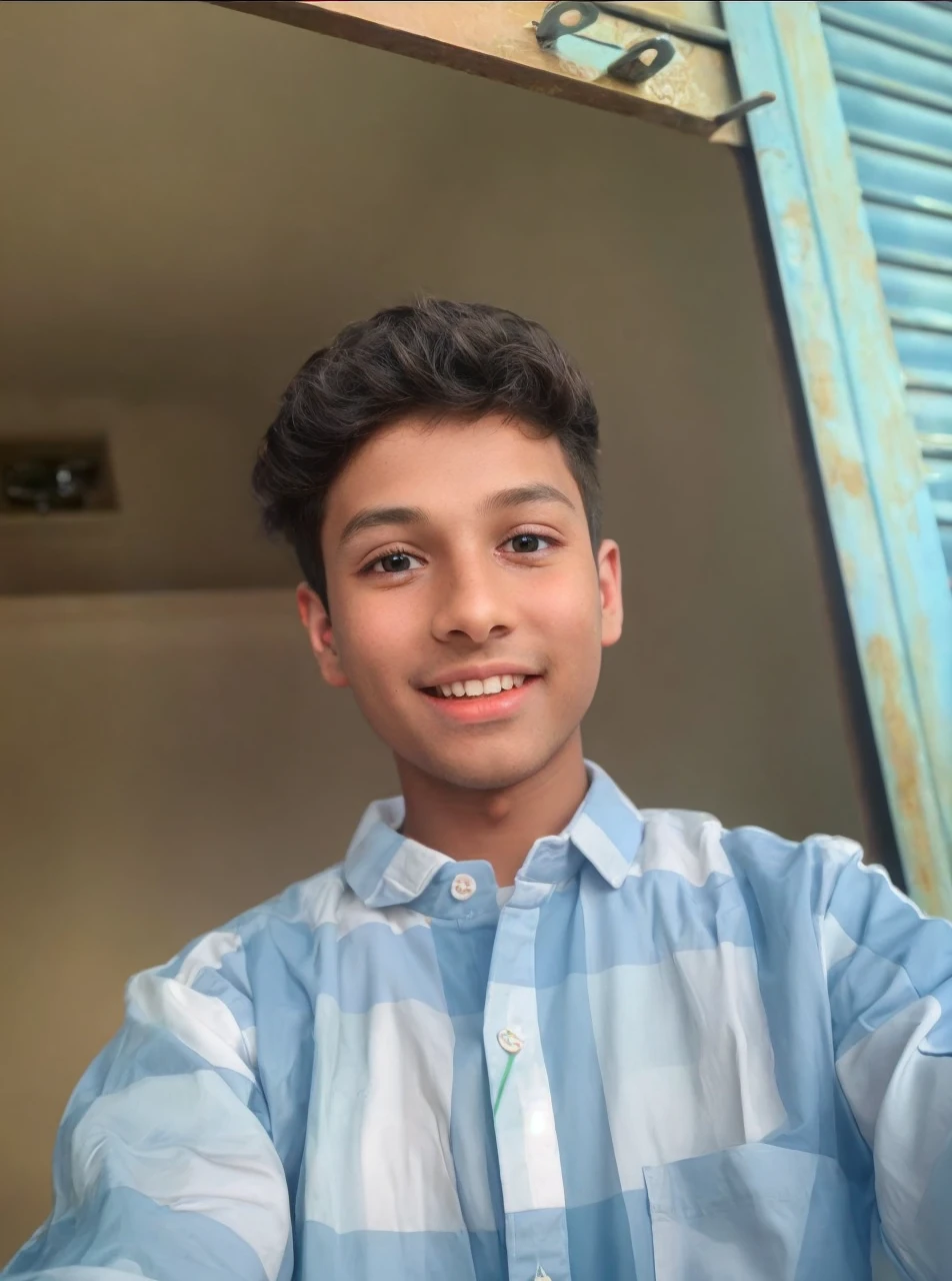 a cute little boy, 1 boy singing, wear an orange shirt, brown robe, brunette color hair, 黑The eye, Elaborate Eyes, Happy smile, There are headphones, clean backdrop, Delicate gloss, 8K