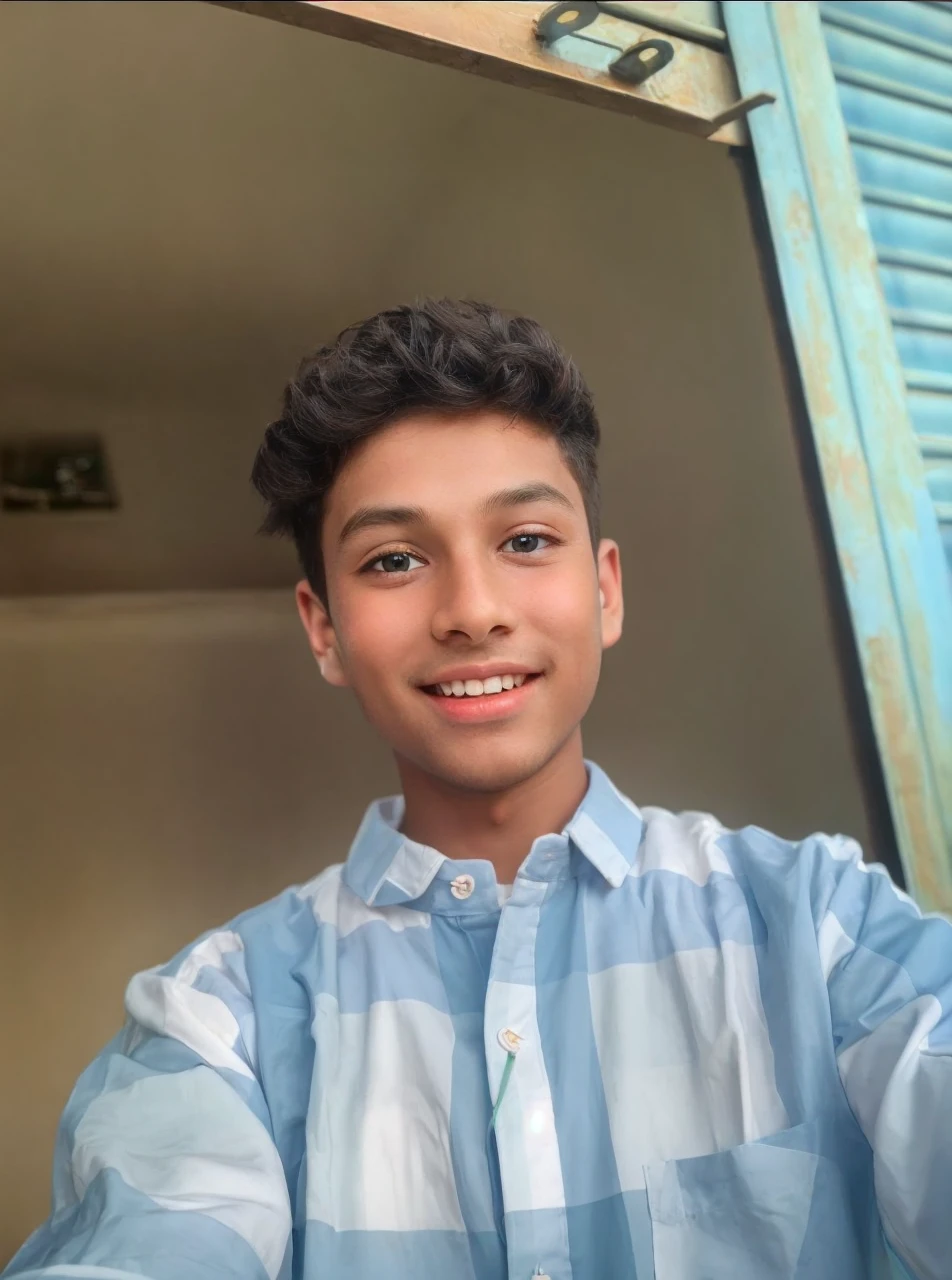 a cute little boy, 1 boy singing, wear an orange shirt, brown robe, brunette color hair, 黑The eye, Elaborate Eyes, Happy smile, There are headphones, clean backdrop, Delicate gloss, 8K