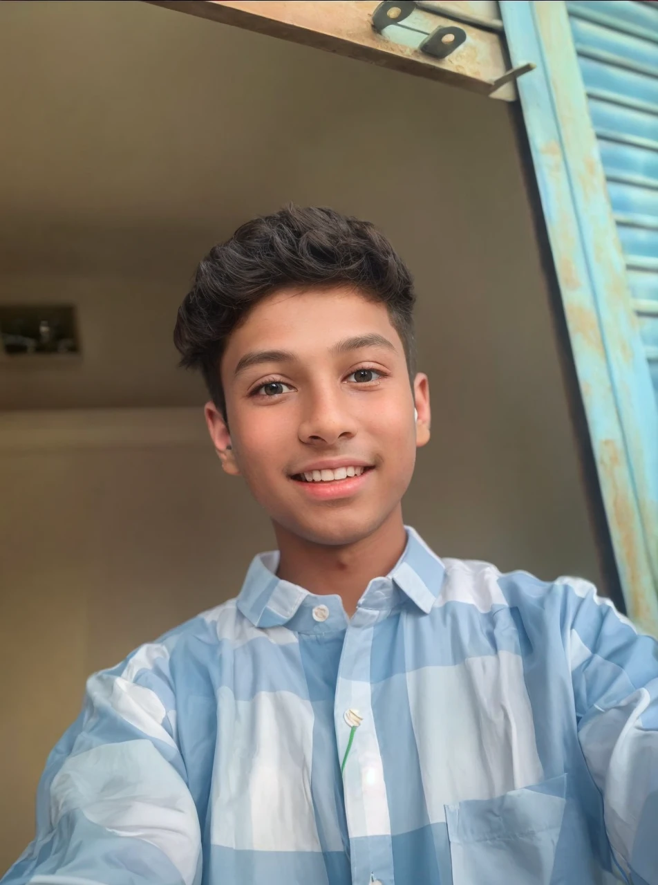 a cute little boy, 1 boy singing, wear an orange shirt, brown robe, brunette color hair, 黑The eye, Elaborate Eyes, Happy smile, There are headphones, clean backdrop, Delicate gloss, 8K