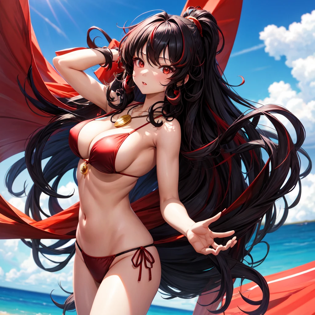 anime panel,upper body, 1girl,solo Korean, black very curly hair with red highlights(long hair), red slanted eyes, red bikini, necklace, hair illuminated by sunlight, florest background