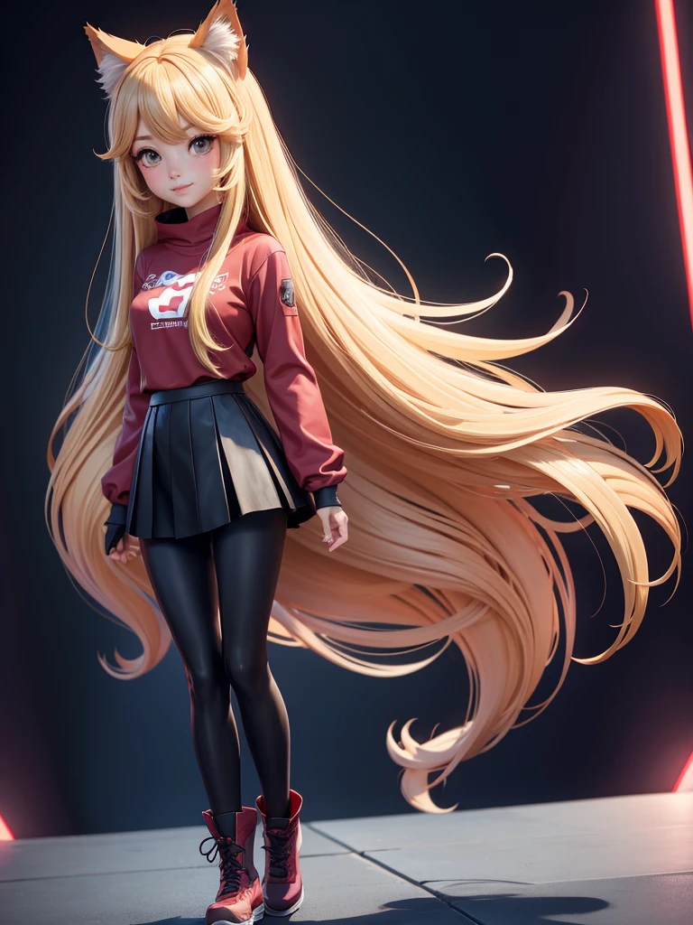 a woman in a long red shirt, black leggings and boots standing in front of a crowd, asymetrical outfit, beautiful anime catgirl, anime girl with long hair, anime girl, an anime girl, (anime girl), cute anime catgirl, anime catgirl, beautiful anime girl, holo if a wolf girl, holo is a wolf girl, cute anime girl, blonde anime girl with long hair