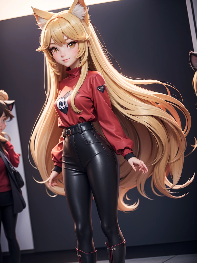 a woman in a long red shirt and boots standing in front of a crowd, beautiful anime catgirl, anime girl with long hair, anime girl, an anime girl, (anime girl), cute anime catgirl, anime catgirl, beautiful anime girl, holo if a wolf girl, holo is a wolf girl, cute anime girl, blonde anime girl with long hair