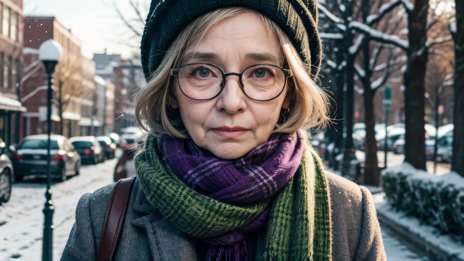 work of art, best qualityer, An old woman with glasses and a scarf, wearing a purple coat and green scarf, stopped not park