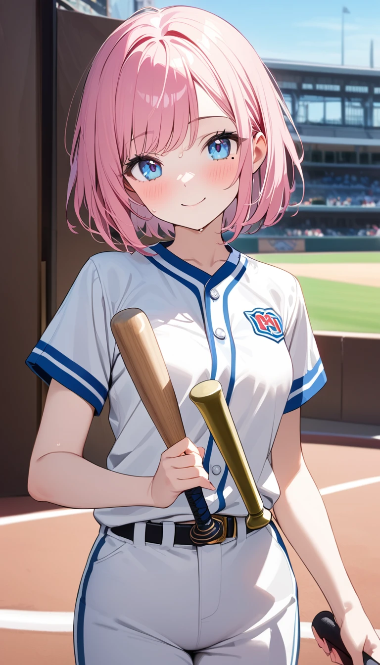 (1 girl),(Best Picture Quality, 8K, Masterpiece:1.3), (high school student:1.5), ((pink lob hair:1.1)), (bob cut),(swept bangs), (cute eyes, pupil black, iris skyblue, youthful face), (mole under right eye), (standard weight), (small breasts), (glistening skin:1.1),(pale skin:1.2),((baseball uniform)),(Smile),(sweat),(short sleeve),(baseball bat),(baseball bat swing),((magnificent view)).