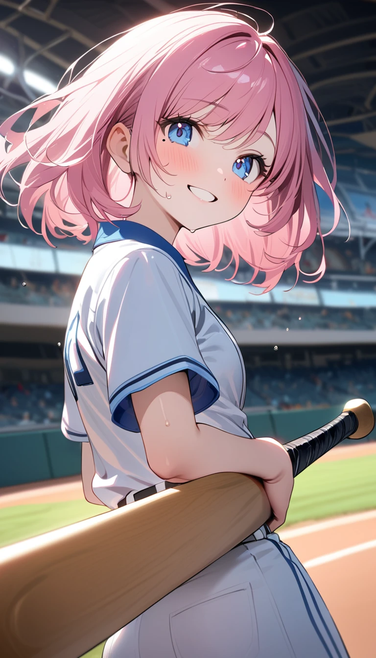 (1 girl),(Best Picture Quality, 8K, Masterpiece:1.3), (high school student:1.5), ((pink lob hair:1.1)), (bob cut),(swept bangs), (cute eyes, pupil black, iris skyblue, youthful face), (mole under right eye), (standard weight), (small breasts), (glistening skin:1.1),(pale skin:1.2),((baseball uniform)),(Smile),(sweat),(short sleeve),(baseball bat),(baseball bat swing),((magnificent view)).