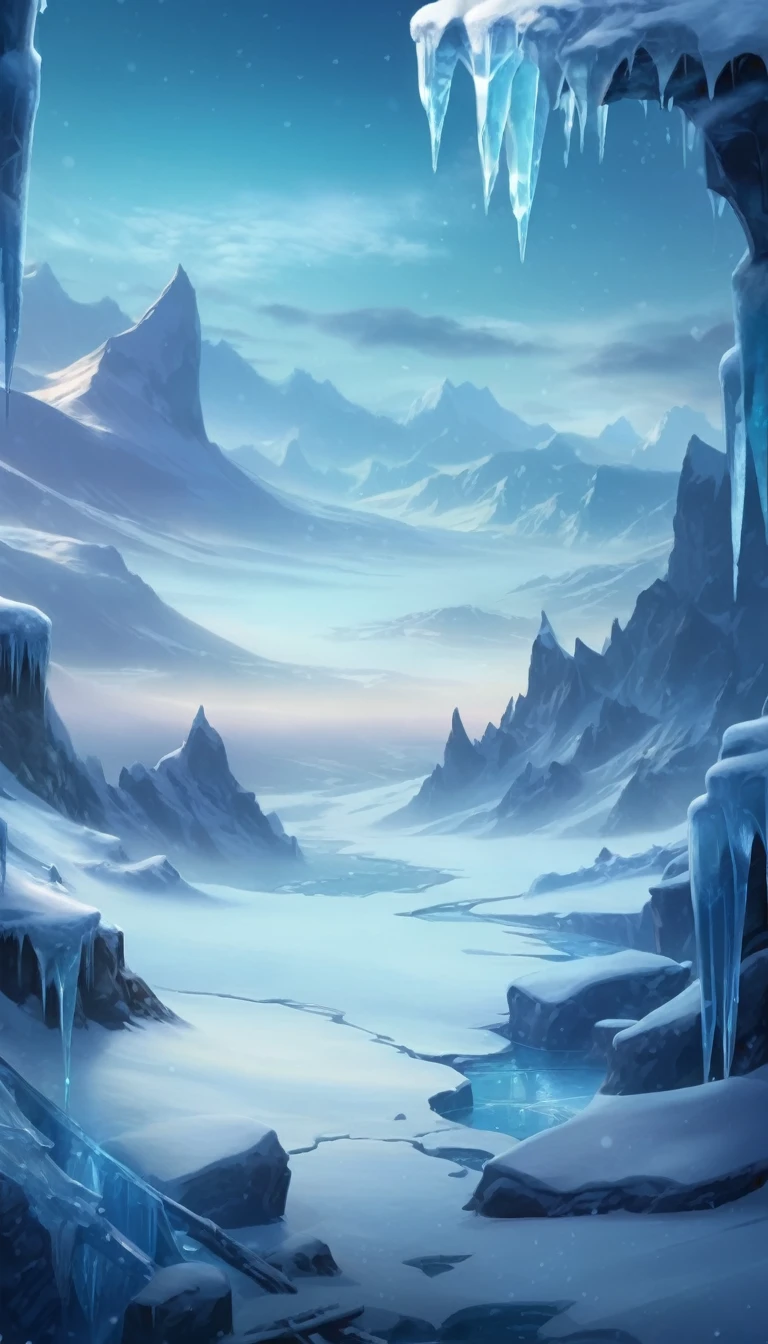 There is a photo of a frozen landscape covered in snow, Frozen tundra background, background technologywork, background technology, Winter concept art, Icicles background, icy landscape, theme :&#39;Icewind Dale&#39;, Game Background, iceberg, Cold Environment, 背景中的iceberg, Snowfield, snowy environment, mobile Game Background, Odin&#39;s Stone Arena Background