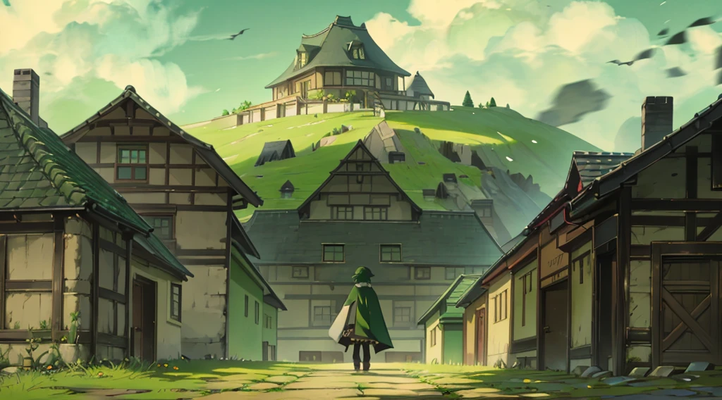 yuichiro hyakuya, (WithoutFear:1), 1 boy, black hair, green eyes, brown coat, gray armor, green shield, green cloak, dark brown gloves, town, white fur trim, tall, anime, standing, good quality, portrait, looking at viewer