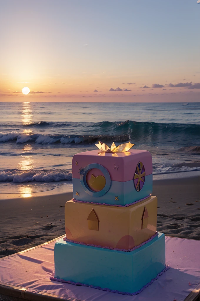 Beach background at sunset, full moon about to appear, bright magical fairy colors, a square cake box on a podium