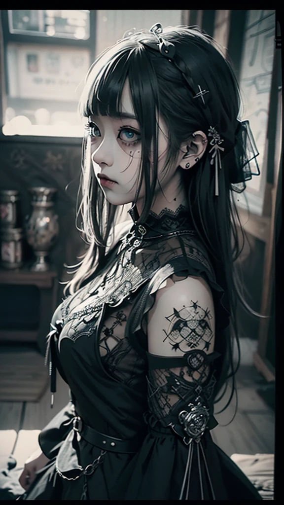 five-panel comic, gothic girl, big eyes, detailed linework, black and white, elegant dress, vintage lace, dark background, melancholic mood, big speech bubbles, baroque influences, thin pen lines, screen tones, dot shading, selective coloring, red, light green, light blue, Japanese manga style
