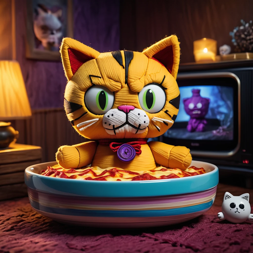 (knitted toy voodoo doll:1.5), (Voodoo Garfield:1.3), (Clothing: striped fur pattern, lazy expression:1.0), (Accessories: enchanted lasagna, glowing bowl, mystical remote control:1.2), (background: cozy living room with floating, glowing TV and magical light:1.2), best quality, masterpiece, detailed soft oil painting, detailed background, dramatic cinematic lighting, soft edge lighting, professional, dramatic lighting, hard edge lighting, ultra quality, 4k, masterpiece, best quality, 8k, ultra high definition, high resolution, extremely detailed