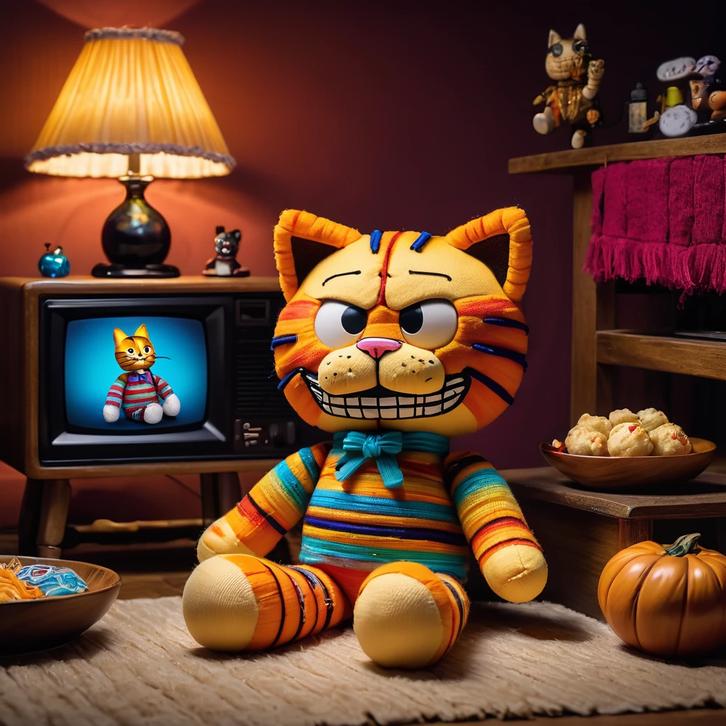 (knitted toy voodoo doll:1.5), (Voodoo Garfield:1.3), (Clothing: striped fur pattern, lazy expression:1.0), (Accessories: enchanted lasagna, glowing bowl, mystical remote control:1.2), (background: cozy living room with floating, glowing TV and magical light:1.2), best quality, masterpiece, detailed soft oil painting, detailed background, dramatic cinematic lighting, soft edge lighting, professional, dramatic lighting, hard edge lighting, ultra quality, 4k, masterpiece, best quality, 8k, ultra high definition, high resolution, extremely detailed