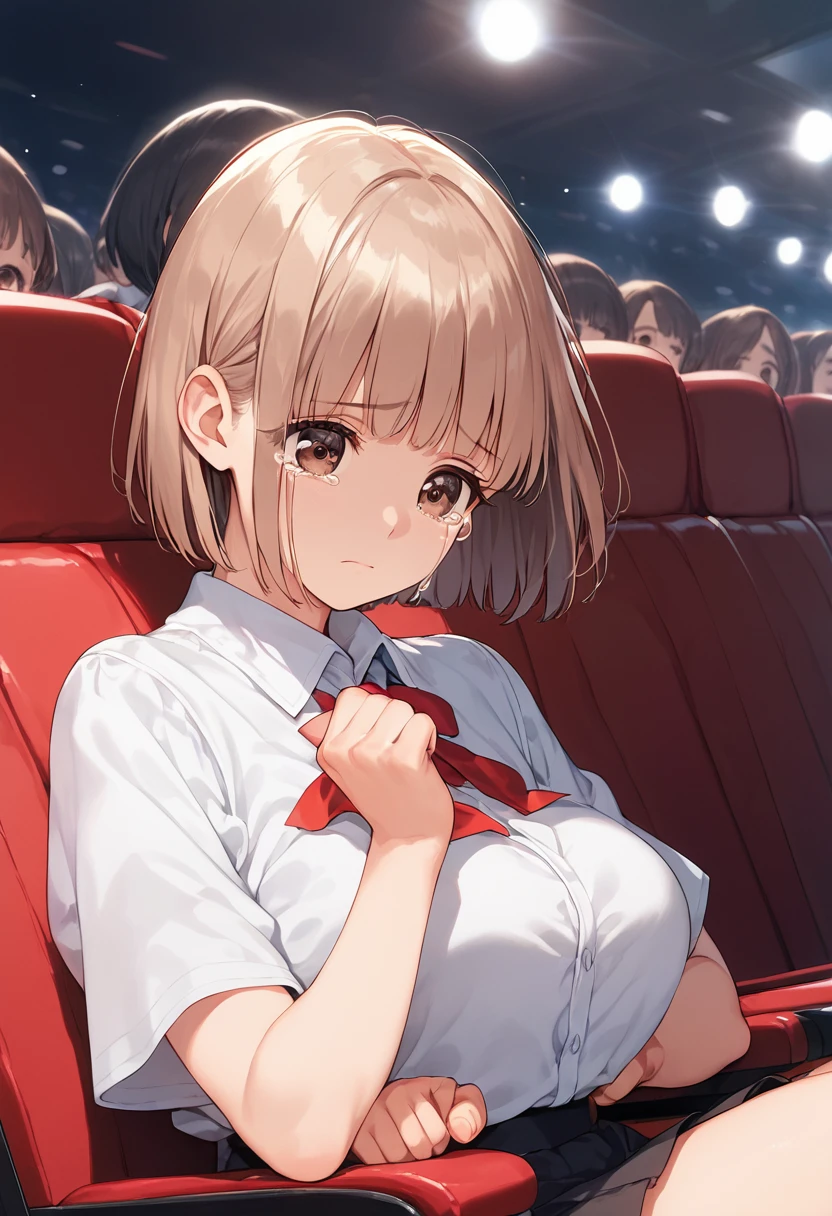 (masterpiece, best quality), nsfw, 1girl, sitting, hand in panties, BREAK girl, shouko_nishimiya, 10 yo,light brown hair, long hair, shiny hair, (beautiful detailed brown eyes), (large breasts:0.9), beautiful face, BREAK (white collared shirt), long sleeves, (bowtie), 
, embarrassed, nose blush, frown, aroused, movie theater, (darkness:1.4),