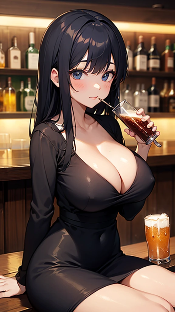 anime girl in a black dress drinking a glass of wine, with a drink, seductive anime girl, in a bar, drinking at the bar, at a bar, anime girl drinks energy drink, holding a drink, beautiful alluring anime woman, sitting at the bar, in a pub, drinking beer, huge tiys, cleavage, breasts covered and sfw, sitting at a bar, black hair. Highly detailed, best quality.