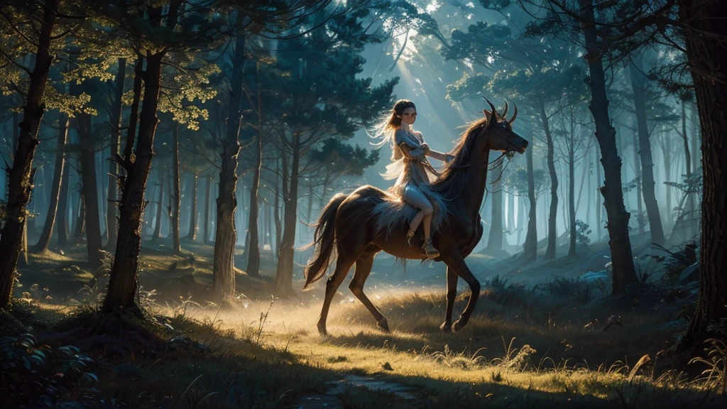 A beautiful, enchantingly elusive humanoid faunus woman, every aspect exudes magic in the midst of danger: shimmering rainbow fur, ethereal golden horn, and eyes that seem to hold the secrets of the universe. The mystical creature is surrounded by a lush, enchanted forest, bathed in the soft light of the setting sun, creating a dreamlike atmosphere that transports viewers to a realm of fantasy and wonder. This breathtaking image is a digital painting that captures the essence of the mythical creature with stunning detail and masterful technique, making it a truly mesmerizing work of art.
