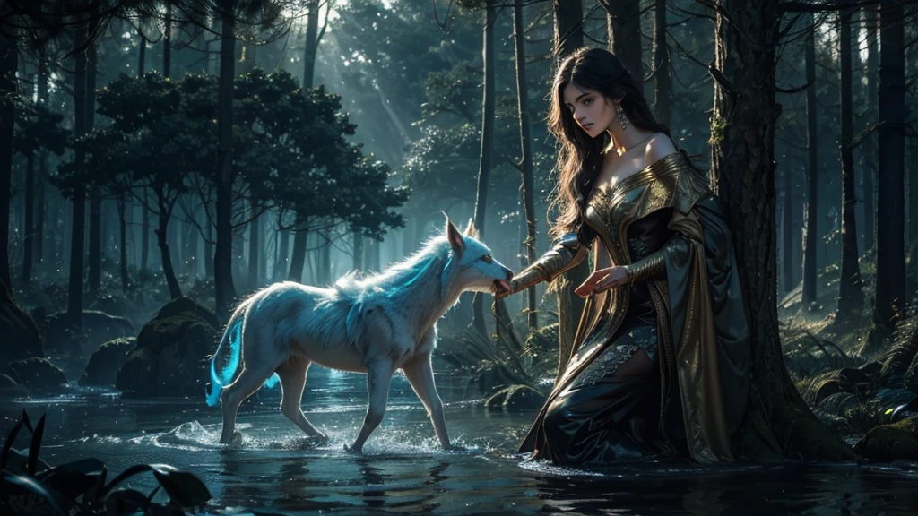 A beautiful, enchantingly elusive humanoid faunus woman, every aspect exudes magic in the midst of danger: shimmering rainbow fur, ethereal golden horn, and eyes that seem to hold the secrets of the universe. The mystical creature is surrounded by a lush, enchanted forest, bathed in the soft light of the setting sun, creating a dreamlike atmosphere that transports viewers to a realm of fantasy and wonder. This breathtaking image is a digital painting that captures the essence of the mythical creature with stunning detail and masterful technique, making it a truly mesmerizing work of art.