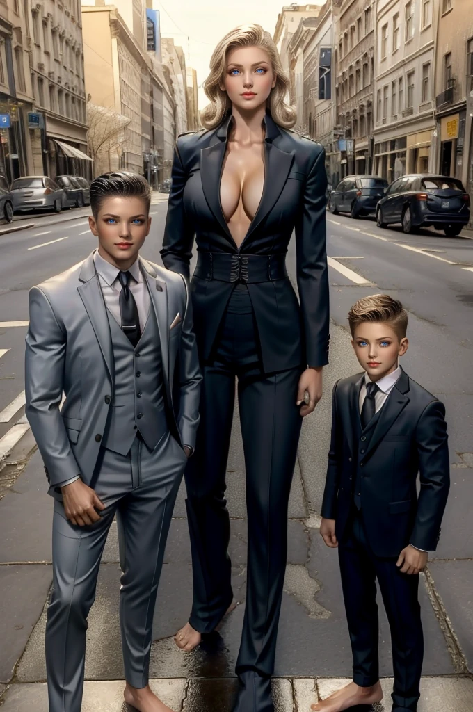 Tall wife in the middle, short husband in the left, short son in the right, beautiful faces, wife is wearing suit and pants, wife has big , wife is showing cleavage, wife is ripped, wife's suit has a belly button cutout, wife has ripped visible abs, make the girls even more taller than the boys, boys are very thin and weak, boys wearing suit and pants, wife is standing barefoot, boys are wearing office shoes