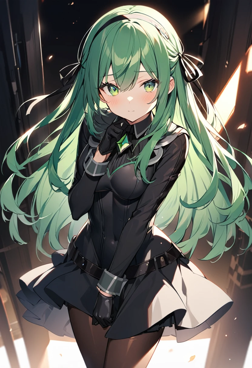 One girl, alone, Long Hair, chest, View your viewers, bangs, skirt, gloves, Long sleeve, ribbon, Hair between the eyes, Mouth closed, Green Eyes, hair ribbon, pantyhose, Cowboy Shot, hair band, , Green Hair, black gloves, シースルーのskirt, leotard, black leotard, brown pantyhose