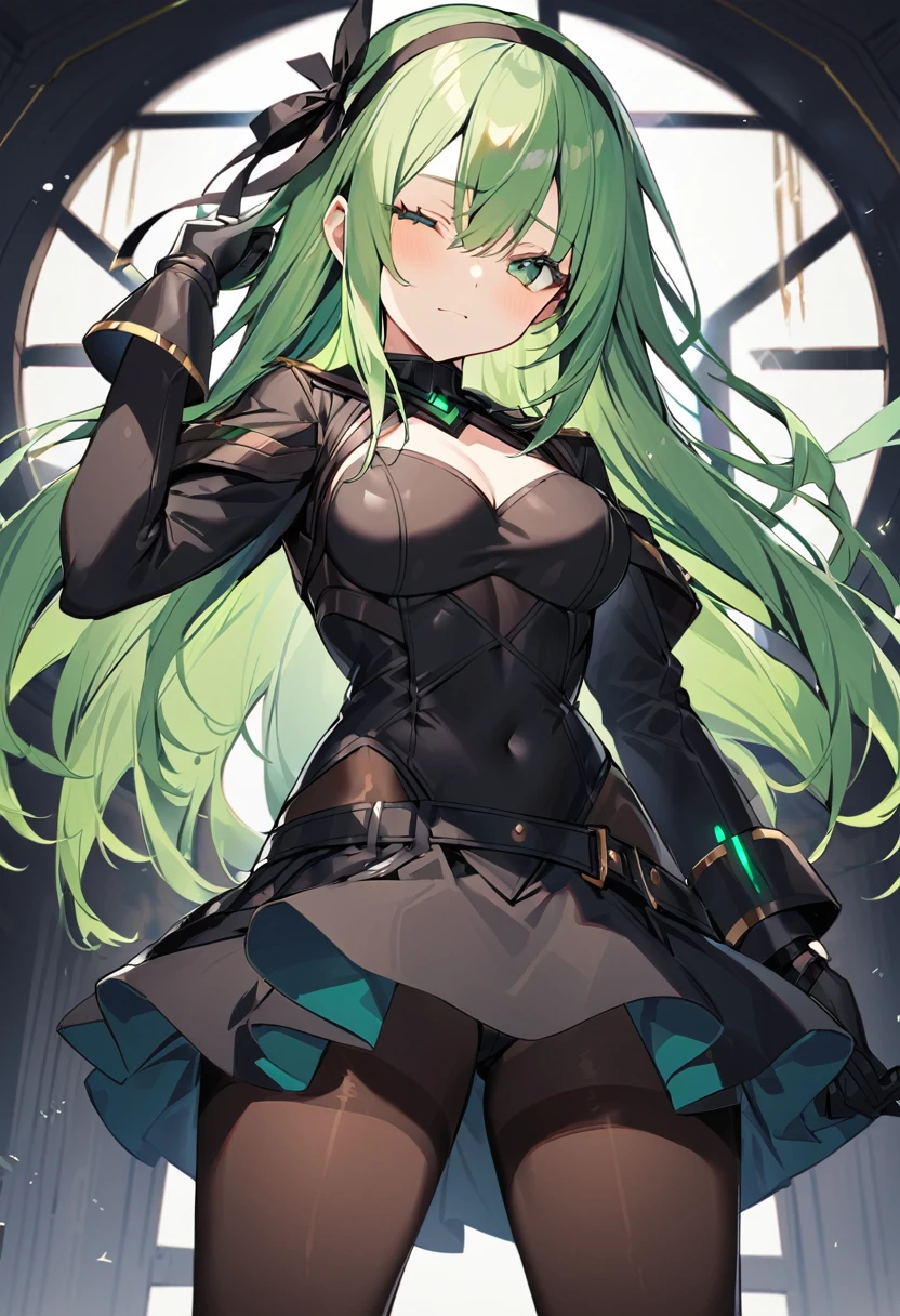 One girl, alone, Long Hair, chest, View your viewers, bangs, skirt, gloves, Long sleeve, ribbon, Hair between the eyes, Mouth closed, Green Eyes, hair ribbon, pantyhose, Cowboy Shot, hair band, , Green Hair, black gloves, シースルーのskirt, leotard, black leotard, brown pantyhose