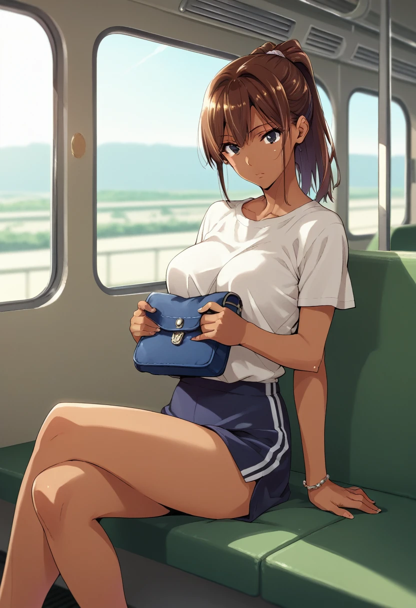 human, ((1girls)), 18 years old, beautiful, ponytail, brown hair, black eyes, Plain T-shirt outfit, Z cup breasts, ((brown skin)), fair body, 1m78, deserted, ((Takeda Hiromitsu style)), train, holding large Vail, sitting,