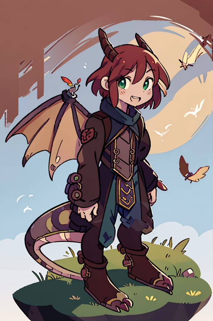 (((male, solo, winged kobold boy, dark red scales,fantasy clothes, artficer,steampunk, dragon wings, dragon tail, small, chibi))), artficer clothes, warm color clothes, fantay clothes,sea green eyes, artficer,small heigth, 54 centimertes heigth,horns, claws, tail, scales, fangs, masterpiece, cute, (((fullbody))), male
