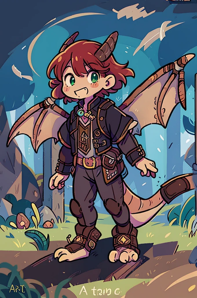 (((male, solo, winged kobold boy, dark red scales,fantasy clothes, artficer,steampunk, dragon wings, dragon tail, small, chibi))), artficer clothes, warm color clothes, fantay clothes,sea green eyes, artficer,small heigth, 54 centimertes heigth,horns, claws, tail, scales, fangs, masterpiece, cute, (((fullbody))), male
