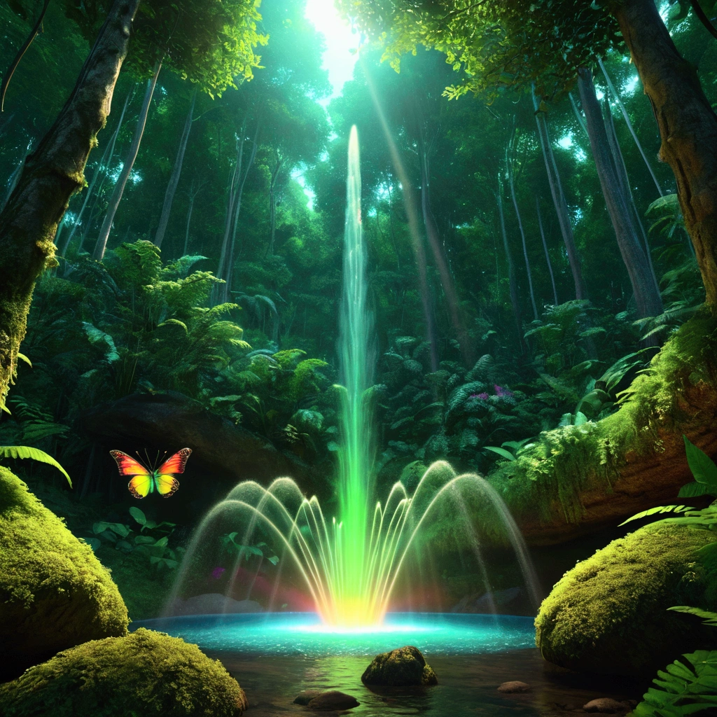 rainbowcolored multiglowing fountain of youth in the deep green forest, from below, rainbowcolored glowing butterfly, cinematic angle, realistic, hyper-realistic, photorealistic, (best quality,4k,8k,highres,masterpiece:1.2),ultra-detailed,(realistic,photorealistic,photo-realistic:1.37),vivid colors,dramatic lighting,