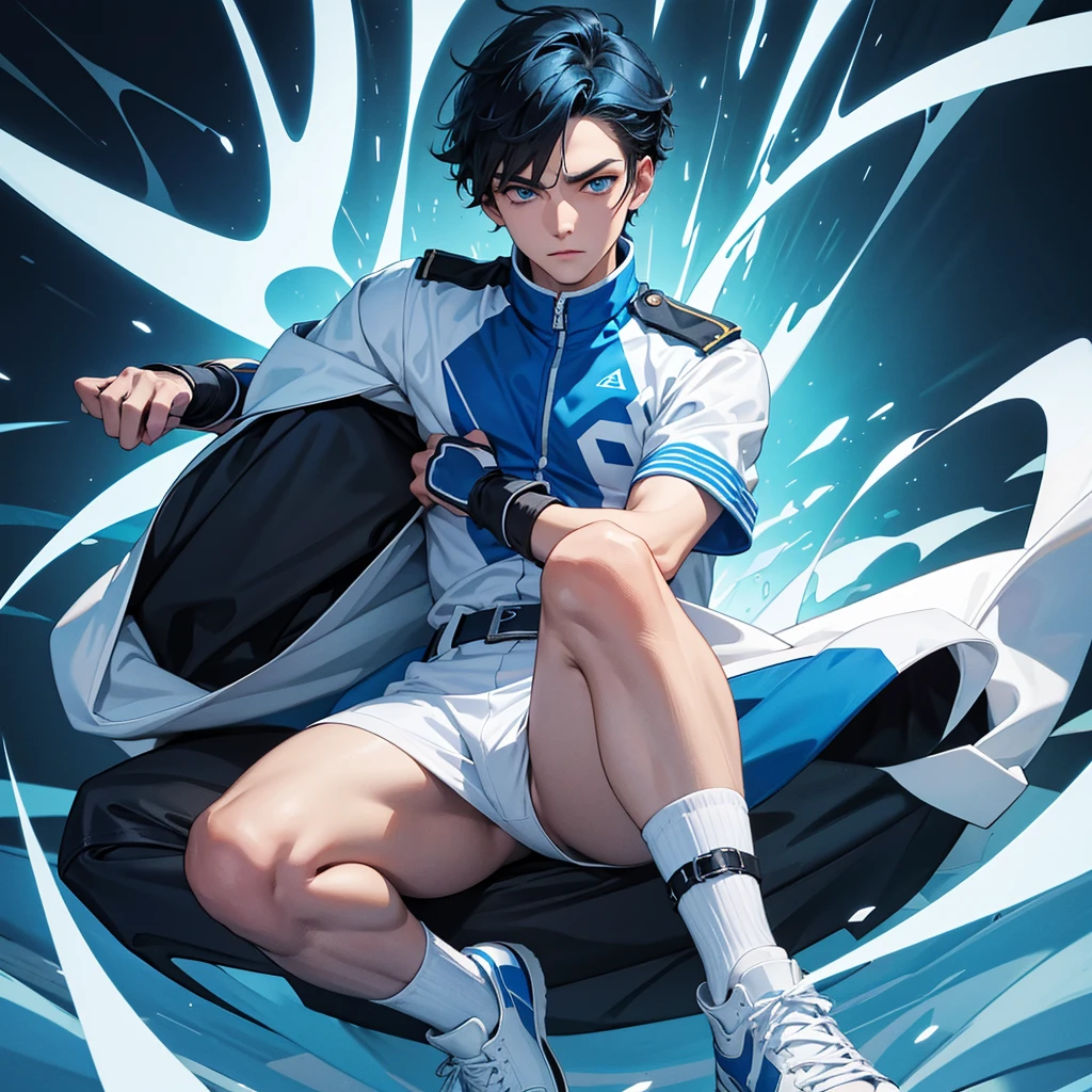 4K quality) (artwork) quadra de volei, male teenage character, blue colored eyes, white uniform with black and blue details, white gater belt, putting on shoes