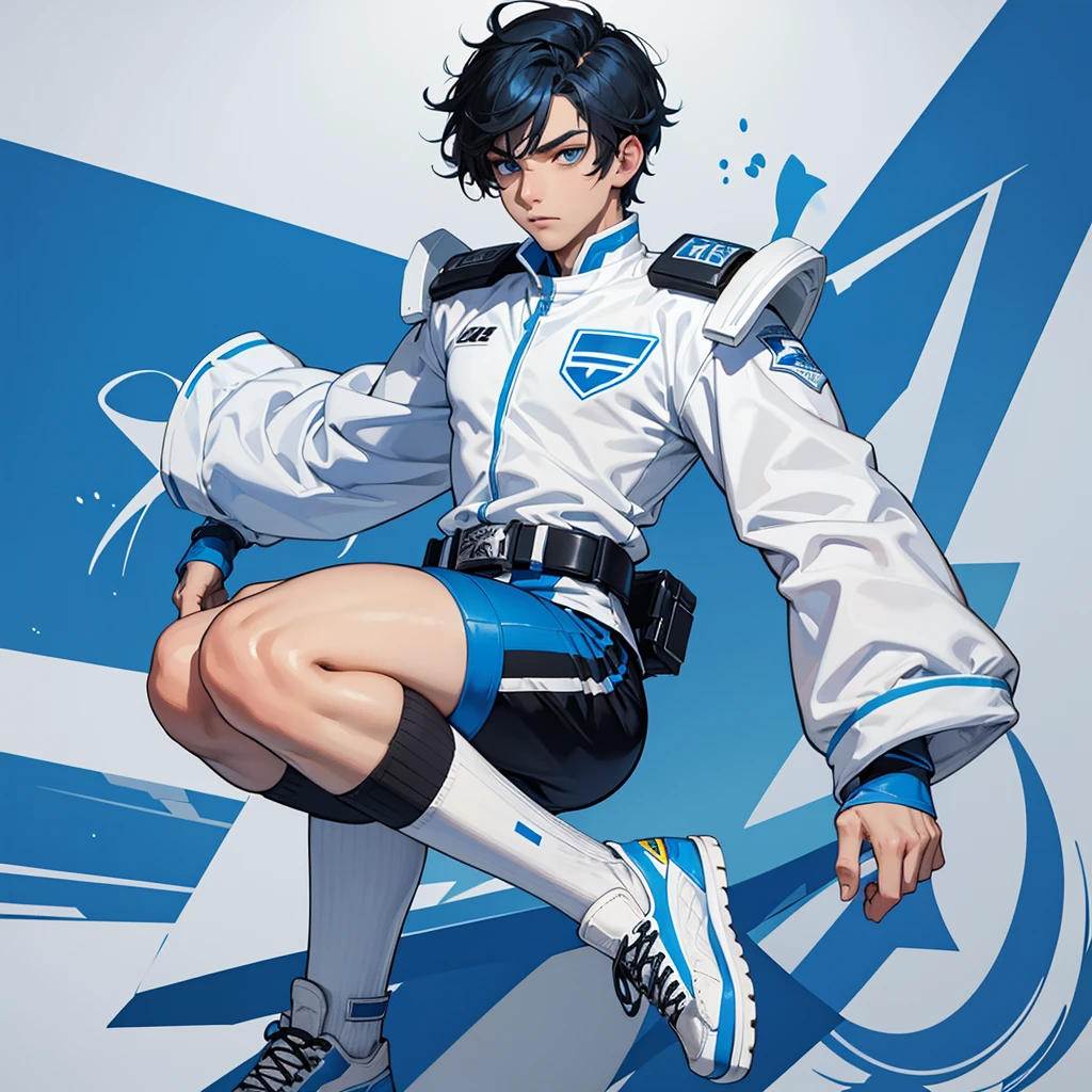 4K quality) (artwork) quadra de volei, male teenage character, blue colored eyes, white uniform with black and blue details, white gater belt, putting on shoes