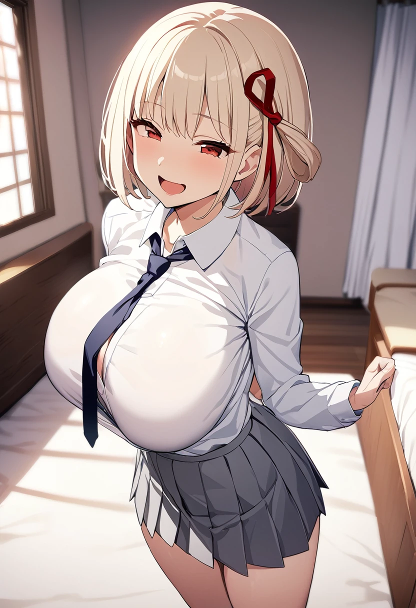 masterpiece, Highest quality, One Girl, game cg  nishikigi chisato, Bobcut, Hair Ribbon, White shirt、 Grey pleated skirt,Thin tie ribbon, Long sleeve, Huge breasts, Bedroom, Wink, Are standing,Open your mouth、 smile、From the side:0.5、Eyes half closed