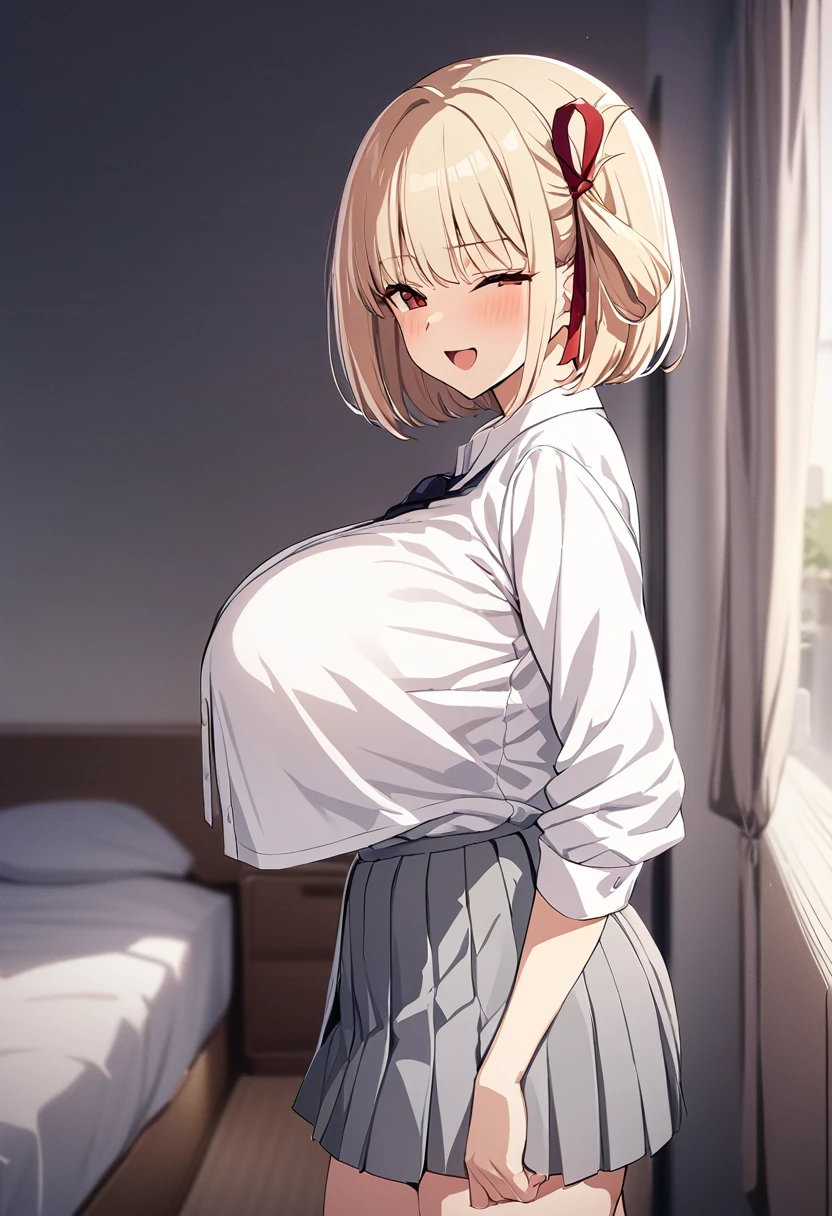 masterpiece, Highest quality, One Girl, game cg  nishikigi chisato, Bobcut, Hair Ribbon, White shirt、 Grey pleated skirt,Thin tie ribbon, Long sleeve, Huge breasts, Bedroom, Wink, Are standing,Open your mouth、 smile、From the side:0.5、Eyes half closed