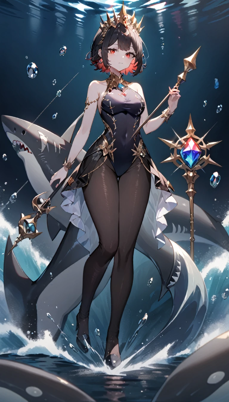 A queen,Stand on the water,short hair,Red eyes,Full figure,Black pantyhose,Jewel swimsuit,Black shark tail,Scepter