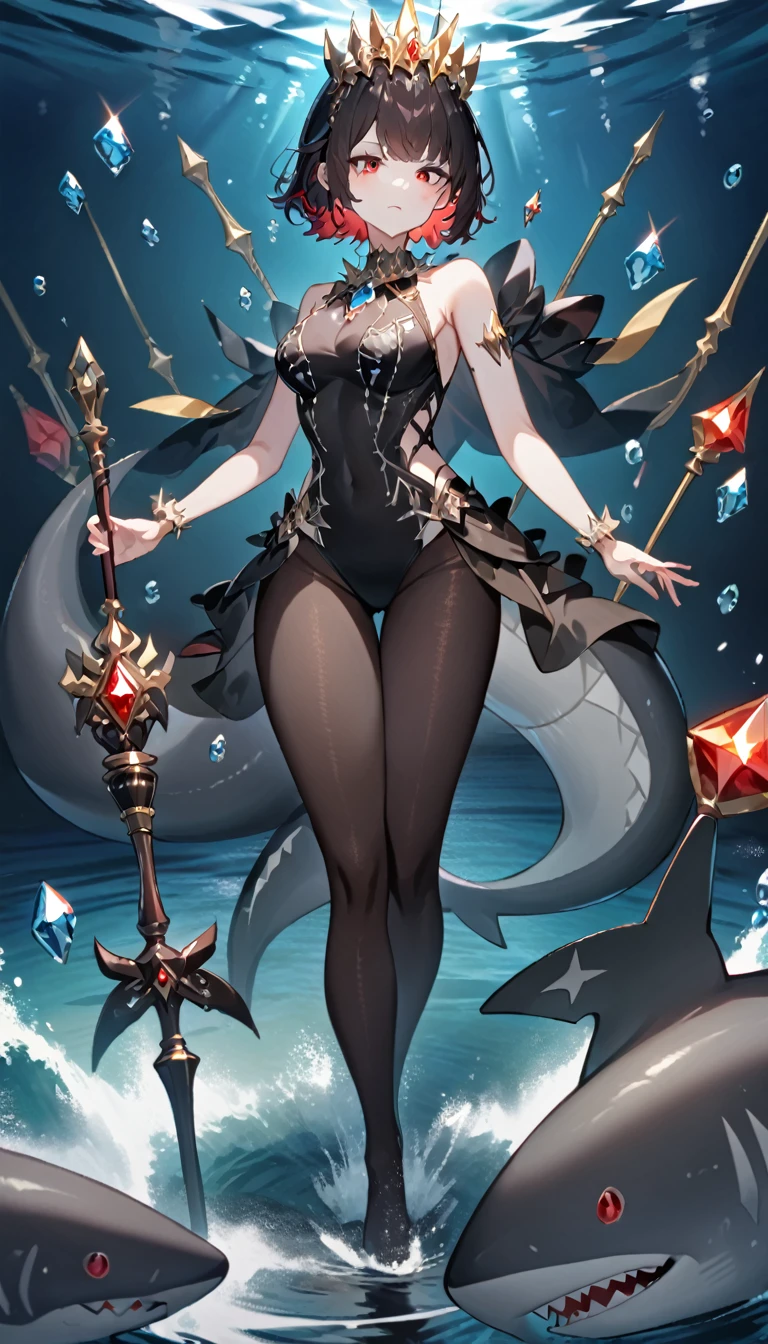 A queen,Stand on the water,short hair,Red eyes,Full figure,Black pantyhose,Jewel swimsuit,Black shark tail,Scepter