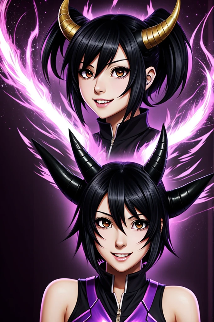 A girl with short black hair in an anime style, with horns and fangs, around purple fire