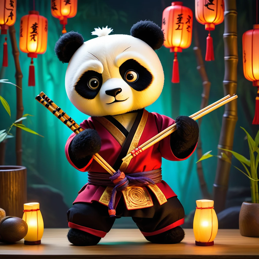 (knitted toy voodoo doll:1.5), (Voodoo Kung-Fu Panda:1.3), (Clothing: martial arts outfit with dragon patterns:1.0), (Accessories: enchanted chopsticks, glowing noodle bowl, mystical bamboo staff:1.2), (background: mystical dojo with floating, glowing lanterns and magical light:1.2), best quality, masterpiece, detailed soft oil painting, detailed background, dramatic cinematic lighting, soft edge lighting, professional, dramatic lighting, hard edge lighting, ultra quality, 4k, masterpiece, best quality, 8k, ultra high definition, high resolution, extremely detailed