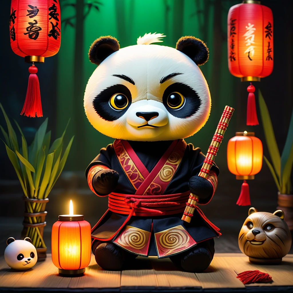 (knitted toy voodoo doll:1.5), (Voodoo Kung-Fu Panda:1.3), (Clothing: martial arts outfit with dragon patterns:1.0), (Accessories: enchanted chopsticks, glowing noodle bowl, mystical bamboo staff:1.2), (background: mystical dojo with floating, glowing lanterns and magical light:1.2), best quality, masterpiece, detailed soft oil painting, detailed background, dramatic cinematic lighting, soft edge lighting, professional, dramatic lighting, hard edge lighting, ultra quality, 4k, masterpiece, best quality, 8k, ultra high definition, high resolution, extremely detailed